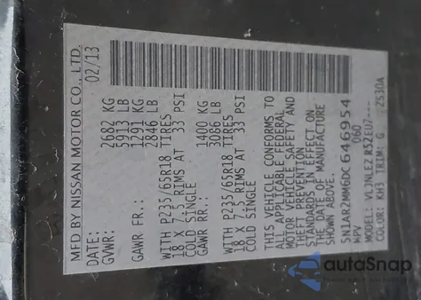 2013 Nissan Pathfinder Sv z USA, uszkodzony, nr VIN 5N1AR2MM6DC646954